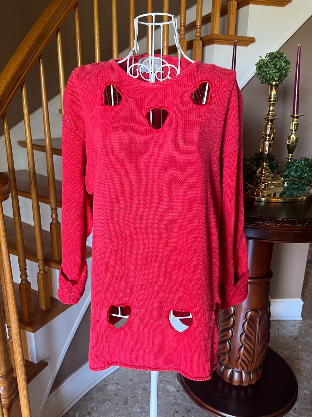 Vintage Heart Cut Out Red Knit Sweater Festive Art To Wear Valentines Size M